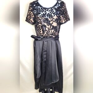 R&M Richards Black Sequins Gown W/ Satin Skirt and Tie Waist